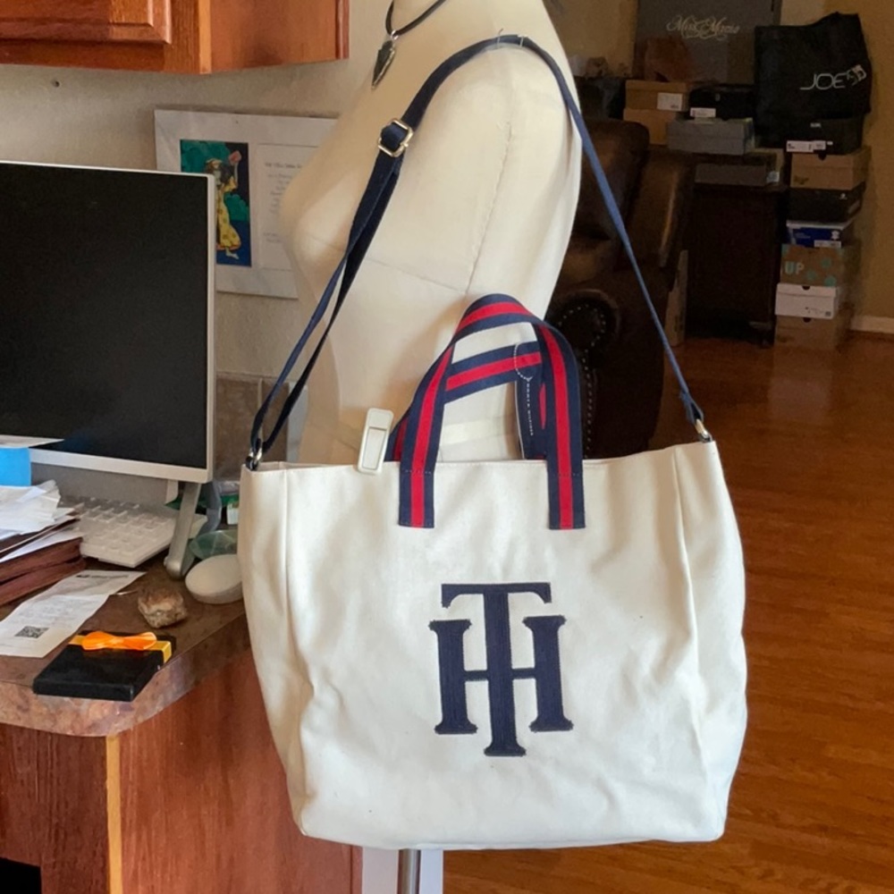 Tommy Hilfiger Blue/Red/Cream Canvas Tote, NWT